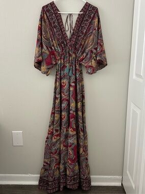 Zury Silk Blend Maxi Dress Free Size Paisley Flowy Boho Festival Resort Tassel